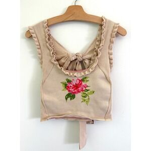 Anthropologie Boho Cottage Ruffle Cropped Rose Knit Tank Top Size Medium
